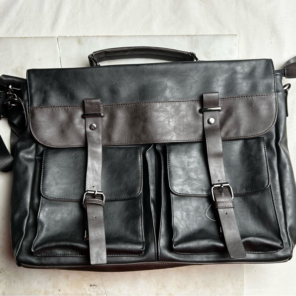 Professional Black and Dark Brown Leather Briefcase - Men's Business Bag